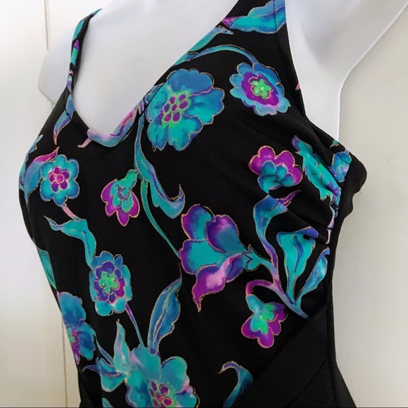 Slimming 1Piece SwimSuit Builtin Underwire Carol Wior Black Green Purple Shirred - Picture 3 of 16